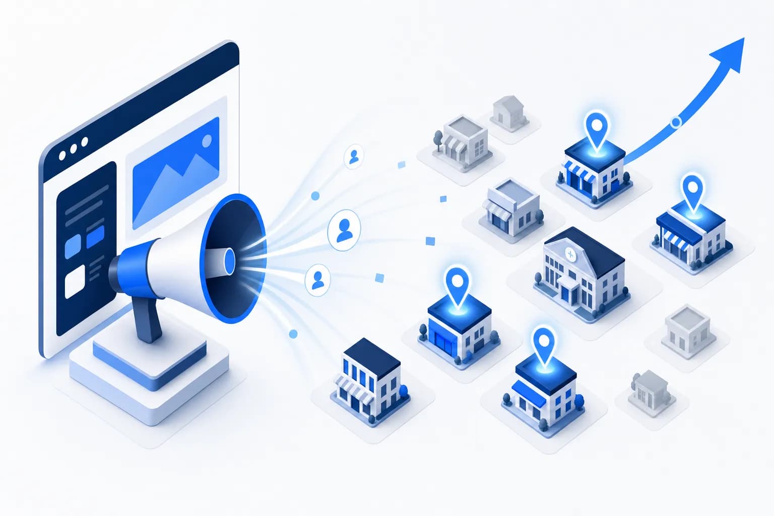 Isometric illustration: megaphone and browser window radiating toward local storefronts, with best-fit clients highlighted