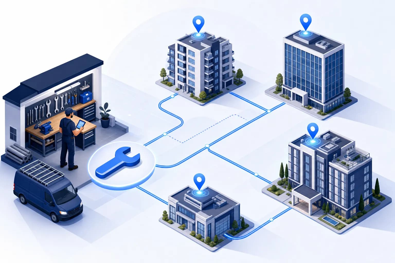 Isometric illustration: workshop connects to apartment blocks, office buildings and a hotel, best-fit properties highlighted