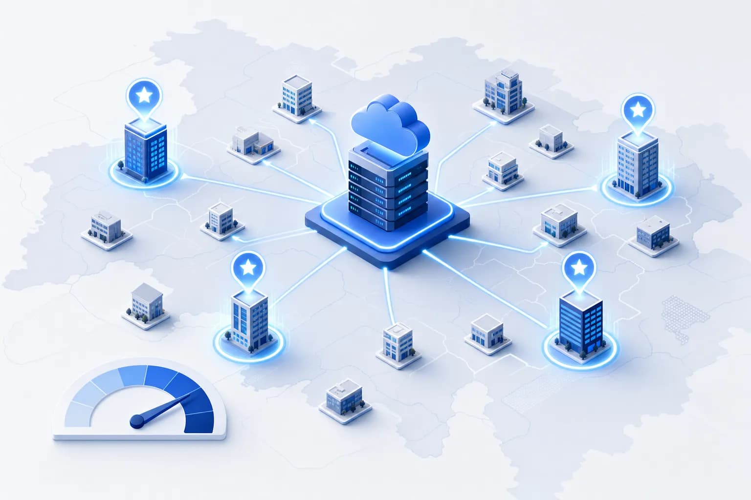 Isometric illustration: a central cloud node connects to office buildings, with best-matching target companies highlighted