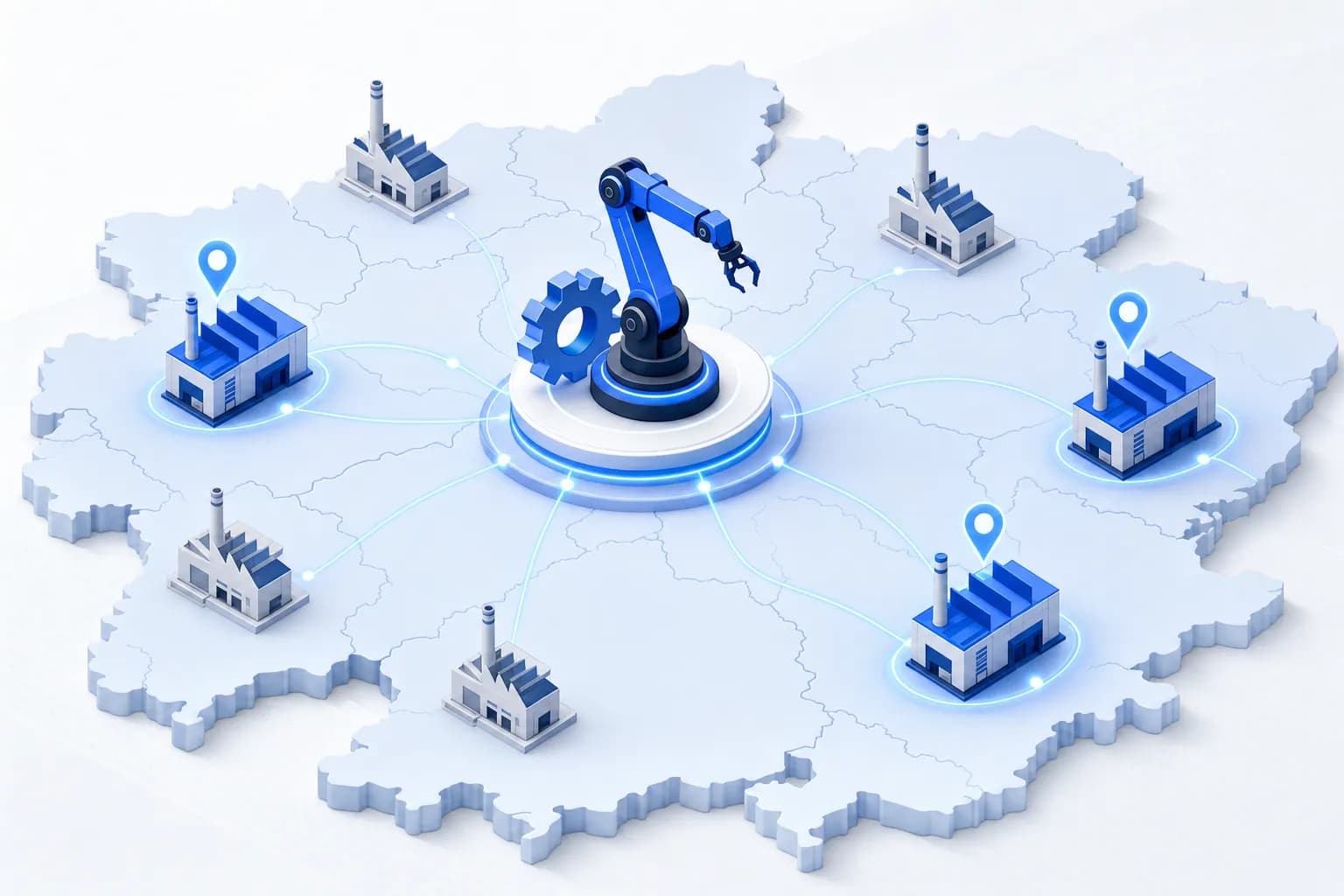 Isometric illustration: robotic arm and gear connect to factory buildings on a regional map, matching plants highlighted