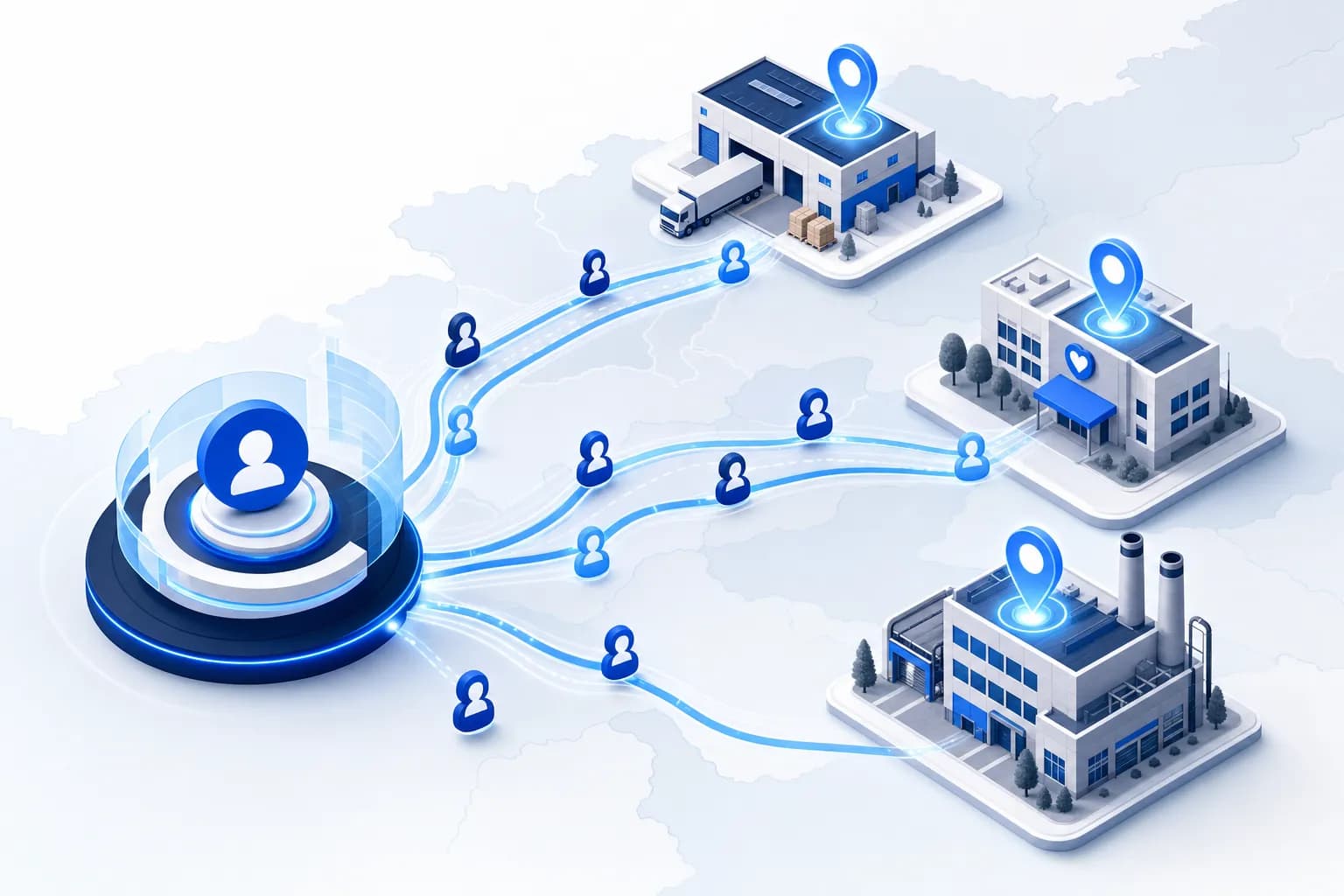 Isometric illustration: person tokens flow from a hub to warehouses, care facilities and factories on a regional map