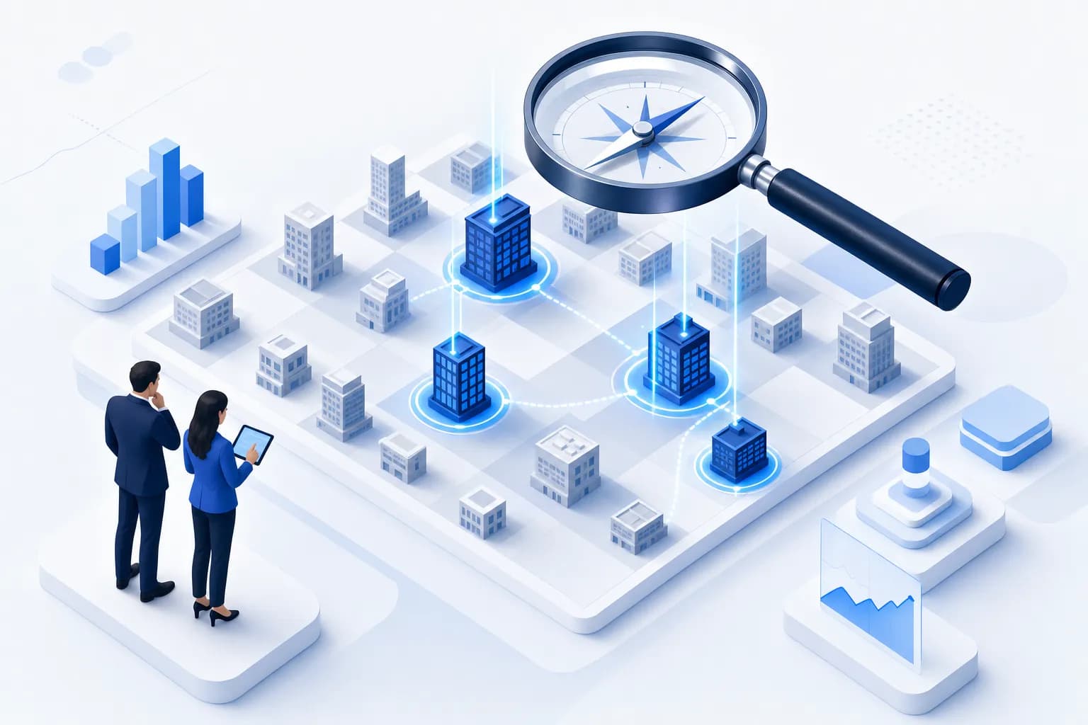 Isometric illustration: magnifying lens and compass above a grid of mid-sized company buildings, best matches highlighted